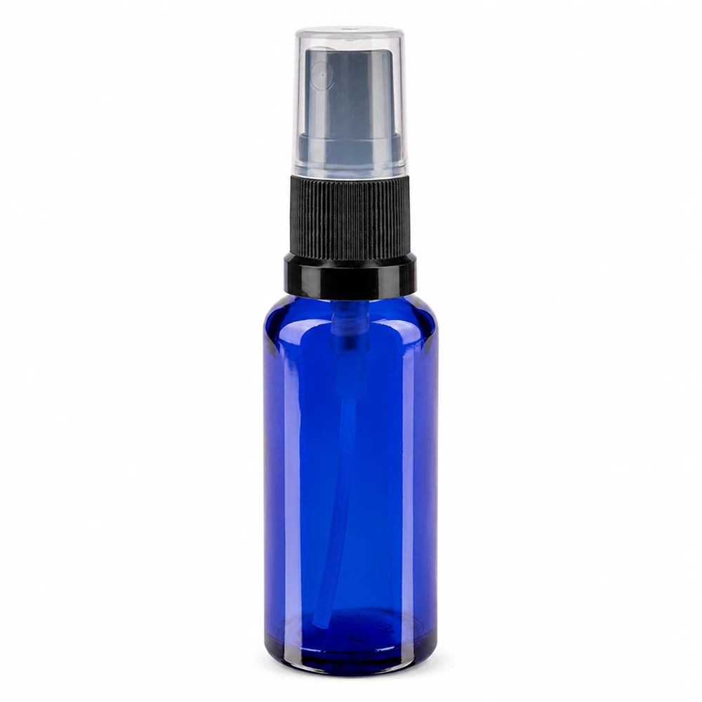 Lékárenská lahvička modrá 30ml s rozprašovacím víčkem černá Blaue 30ml Glasflasche mit Feinsprüher schwarz transparent ideal für Kosmetik und Pharmazie