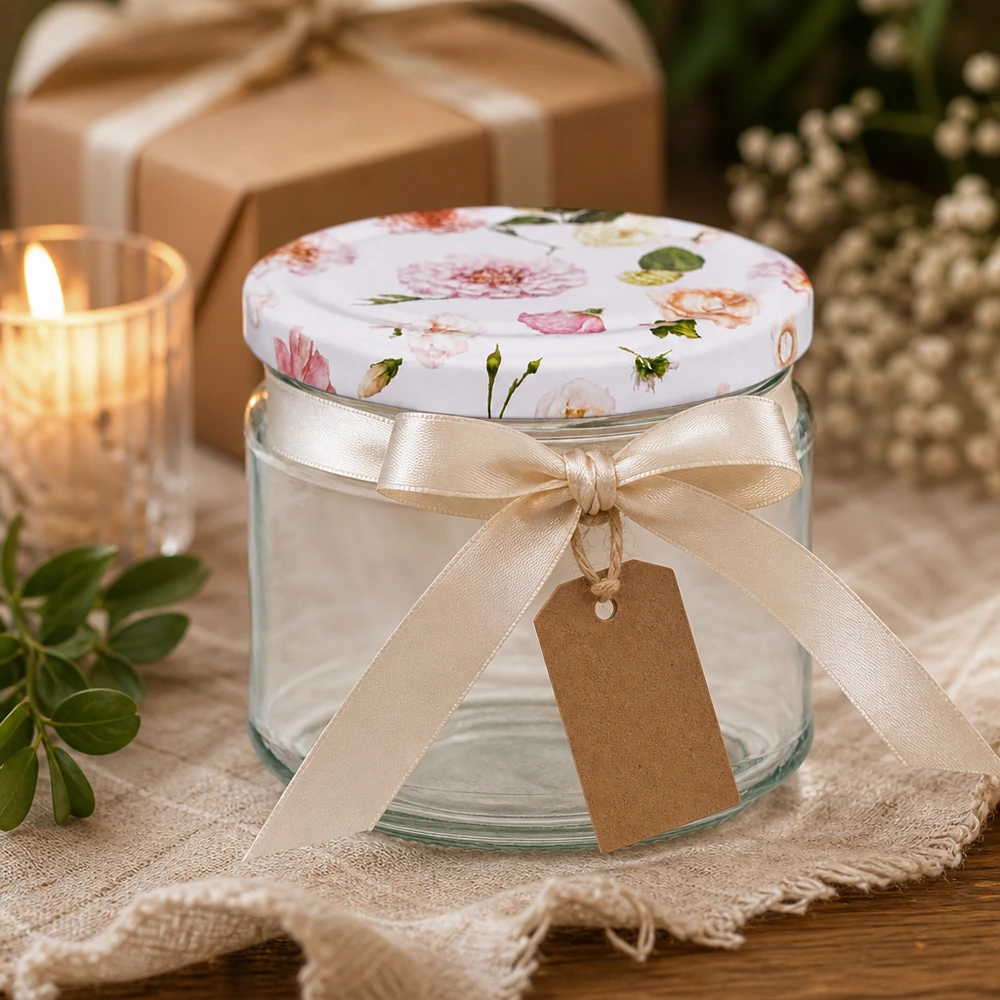 330ml kulatá sklenice + víčko BasicSeal flower pink UNiTWIST 330ml Rundglas BasicSeal Deckel rosa Blumen als Geschenk mit Schleife und Anhänger Dekoration Einmachglas