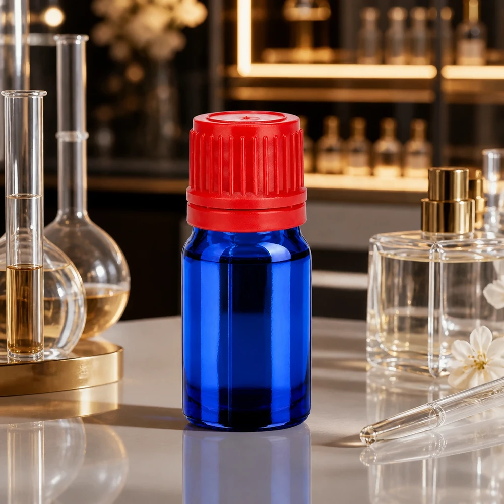5ml láhev 11mm šroubovací uzávěr červený tamper-evidentní uzávěr BlueLine UT18/5 Chemikalienresistente blaue Glasflasche 5ml für Laboranwendungen BlueLine UT18/5