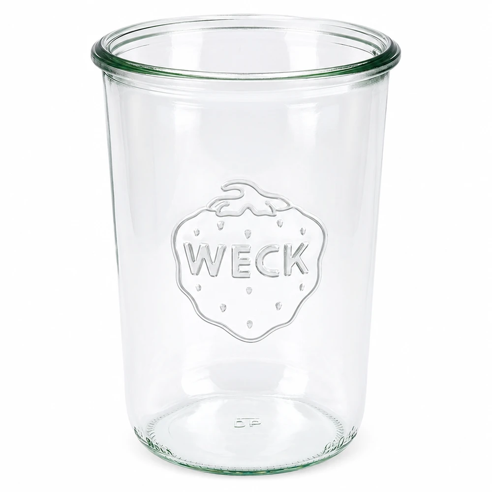 850ml tumble jar WECK RR100 s dřevěným dřevem. WECK Sturzglas 850ml RR100 aus klarem Glas mit eingraviertem Logo und grünem Glasrand für Einmachen und Vorratshaltung