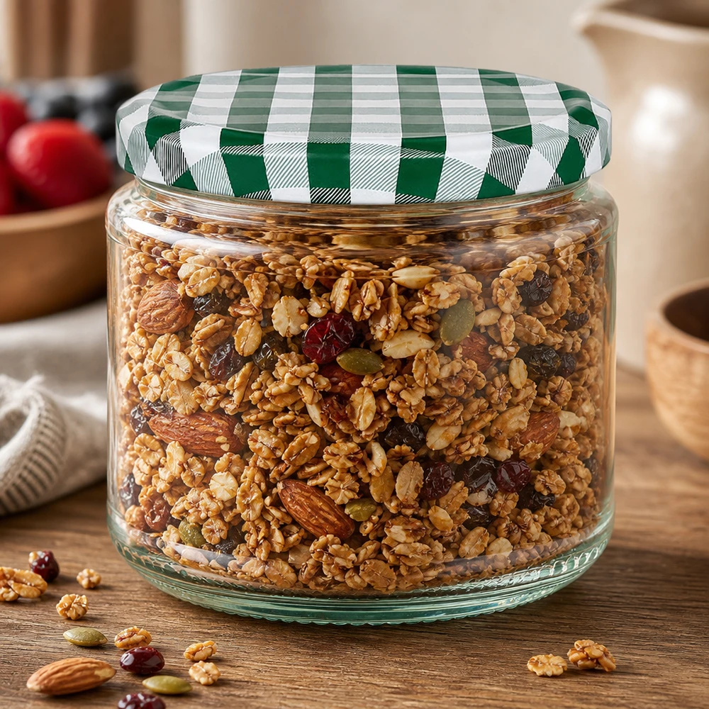 330ml kulatá sklenice + víčko BasicSeal zelené/bílé UNiTWIST Rundglas 330ml gefüllt mit Müsli und Nüssen, grün-weißer BasicSeal Deckel, perfekt für Vorratshaltung in der Küche