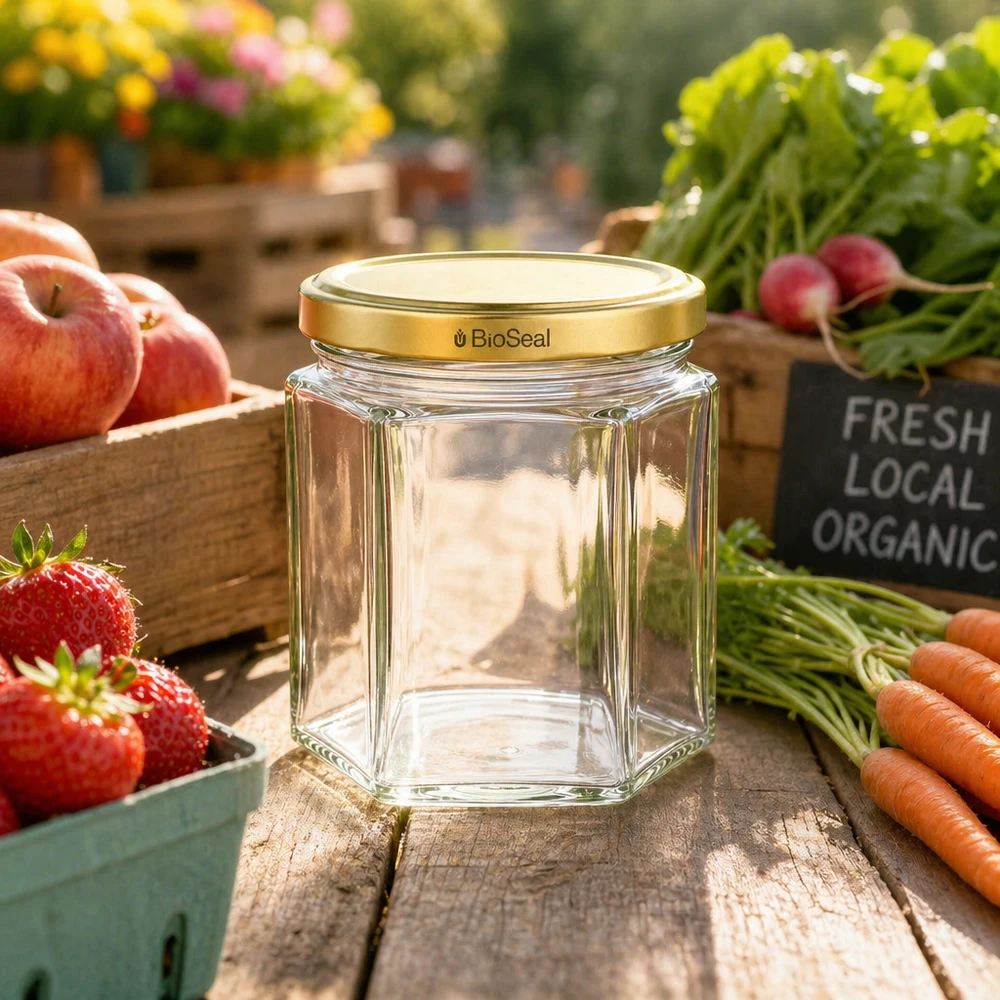 Šestihranná sklenice o objemu 47 ml se zlatým víčkem UNiTWIST BioSeal. Leeres UNiTWIST Hexa47 Glasgefäß mit goldenem BioSeal Deckel zwischen frischem Bio-Obst und Gemüse auf Holztisch