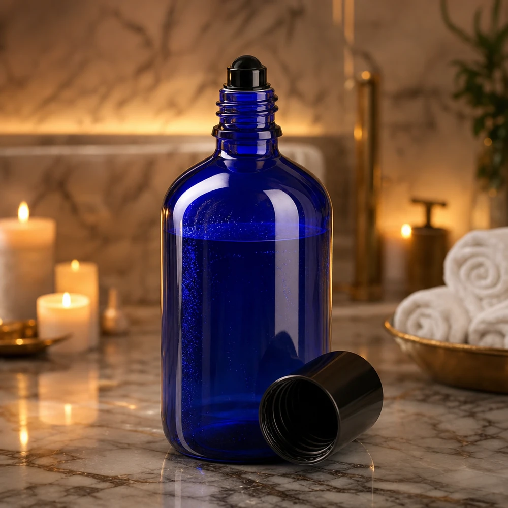 Lékárenská láhev modrá 100ml roll-on uzávěr černý Blaue 100ml Apothekerflasche mit schwarzem Roll-On und Deckel in elegantem Badezimmer