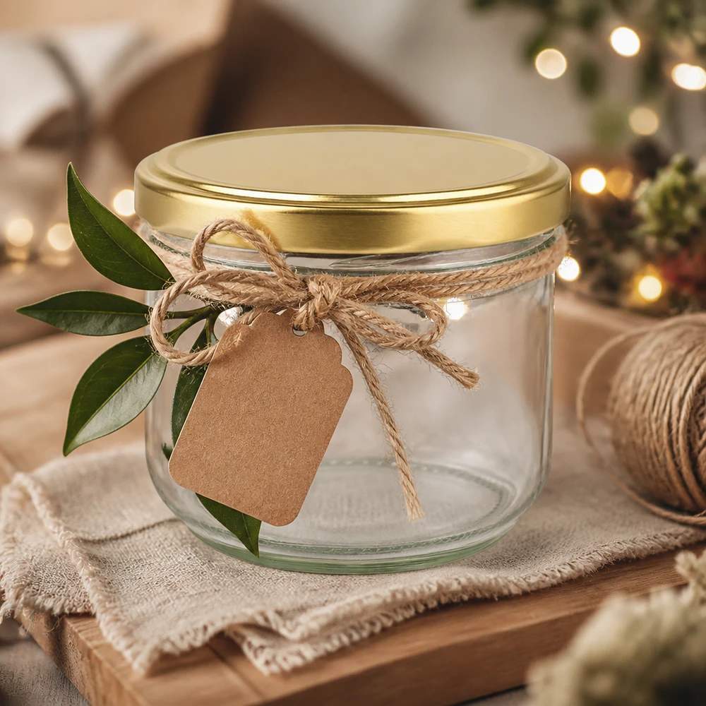 260ml tumblery s víčkem BasicSeal zlaté UNiTWIST 260ml Sturzglas BasicSeal Deckel gold UNiTWIST weihnachtlich dekoriert mit Bastband und Geschenkanhänger