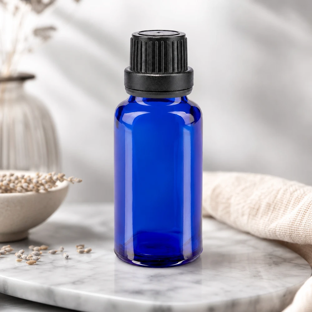 Hochwertige blaue 20ml Glasflasche mit Sicherheitsverschluss für Parfüm und Serum