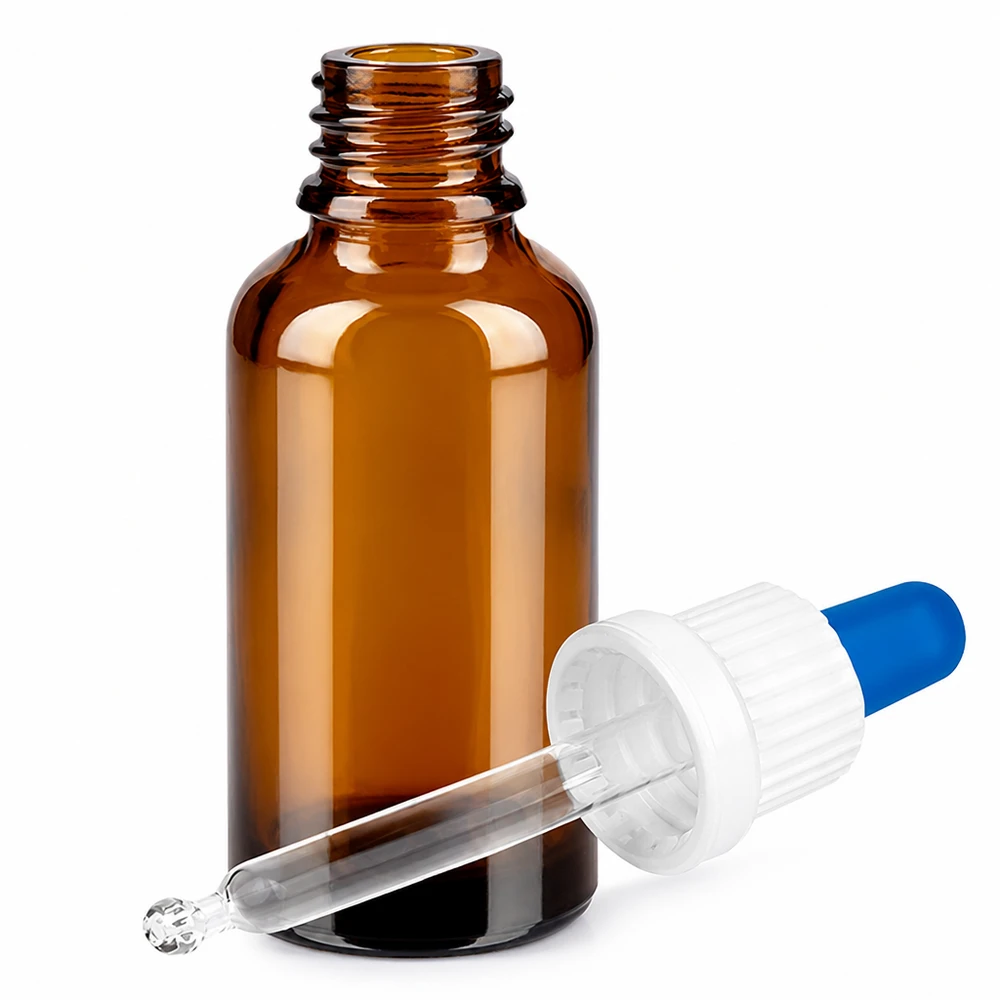 30ml pipetovací láhev bílá/modrá s uzávěrem proti neoprávněné manipulaci BrownLine UT18/30 Kompakte 30ml Tropferflasche aus Amber-Glas - professionelle Qualität für Labor und Praxis