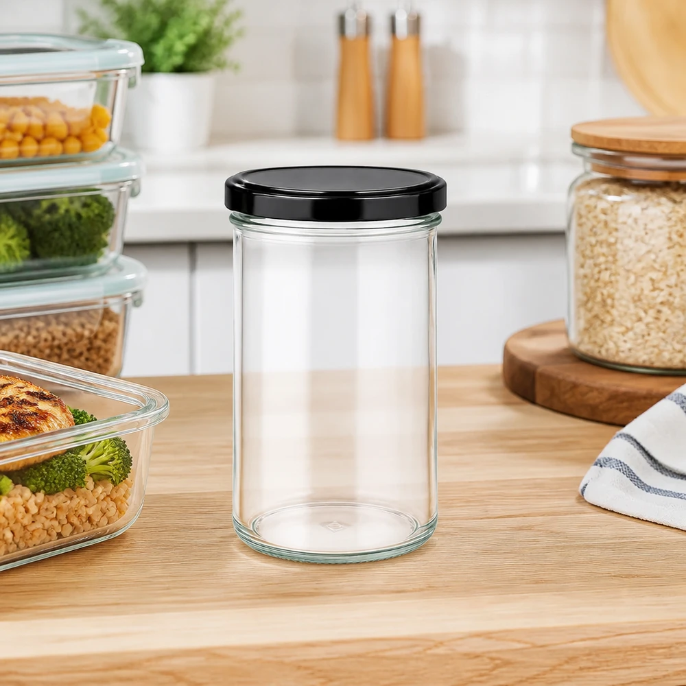 277ml kelímky s víčkem BasicSeal černé UNiTWIST 277ml Sturzglas in moderner Küche als Vorratsglas für Lebensmittel neben Meal-Prep-Behältern auf Holzarbeitsplatte