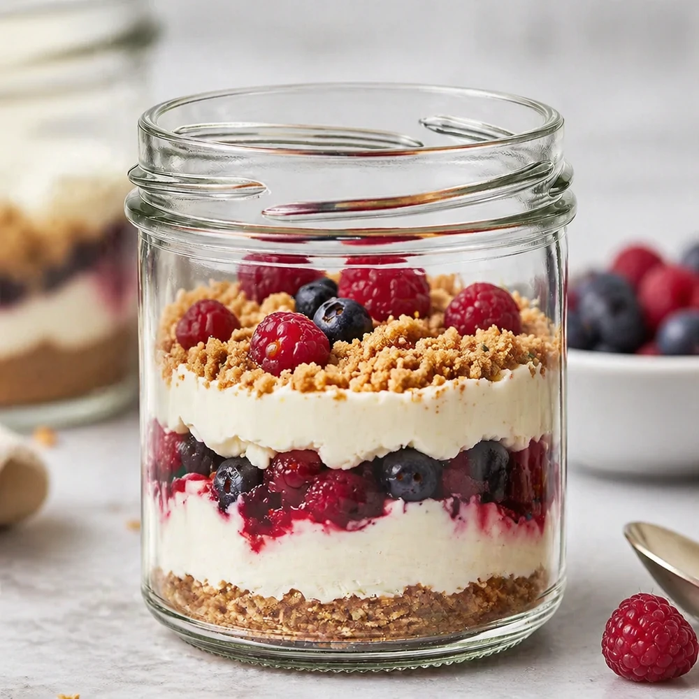 Tumbler o objemu 167 ml bez víčka (TO66) UNiTWIST UNiTWIST Sturzglas 167ml mit Schichtdessert aus Beeren Mascarpone und Kekskrümeln als Produktanwendung