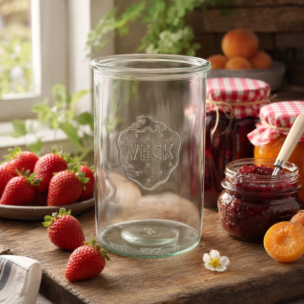 1000ml tumblery WECK RR100 s dřevěným dřevem - 1000ml tumblery WECK RR100 s dřevěným dřevem 1000ml WECK Sturzglas RR100 Einmachglas auf Holztisch mit frischen Erdbeeren und selbstgemachter Marmelade