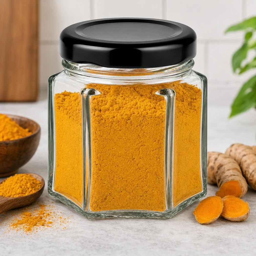 47ml šestihranná sklenice s víčkem BasicSeal černá UNiTWIST. 47ml Hexaglas mit schwarzem Deckel gefüllt mit Kurkuma-Pulver neben frischen Kurkuma-Wurzeln in Küchenambiente