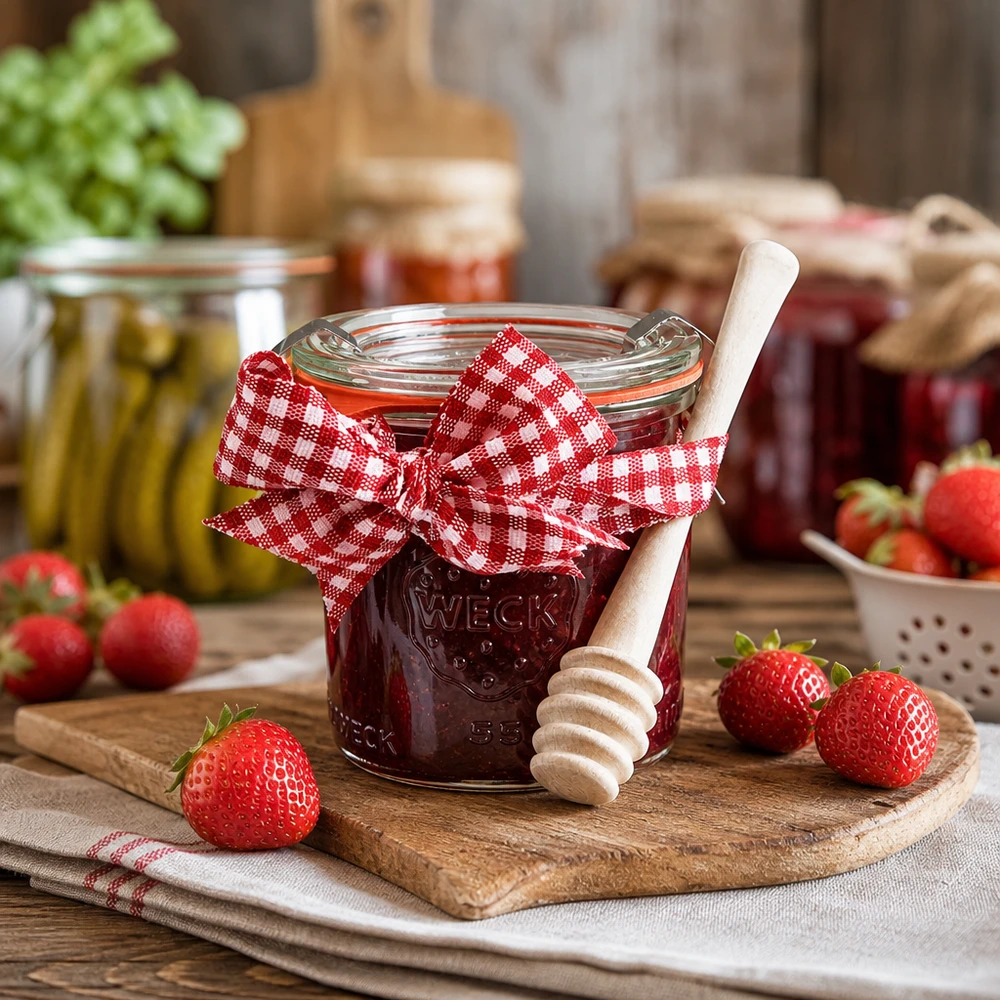 Mini sklenice WECK 140ml kompletní se lžičkou na med WECK Sturzglas 140ml gefüllt mit Erdbeermarmelade Honiglöffel Holz frische Erdbeeren rustikale Küche Einkochen