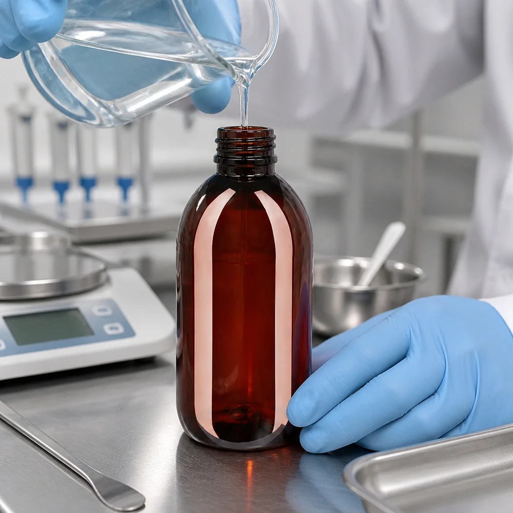 Lékárenská lahvička o objemu 250 ml z hnědého PET plastu s bílým uzávěrem s dětskou pojistkou