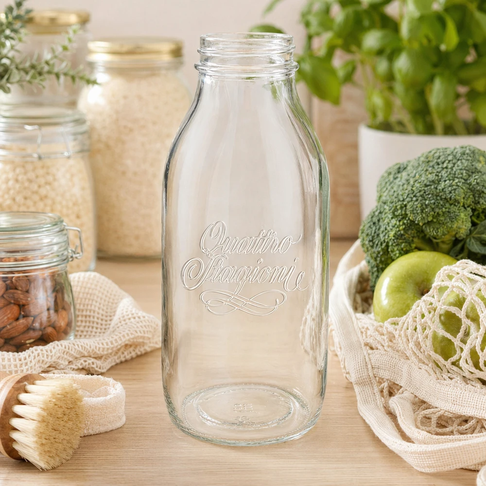 1000ml skleněná láhev "Quattro Stagioni" QS56mm 1000ml Quattro Stagioni Weithalsflasche aus Glas mit gravierter Schrift auf Holztisch neben frischen Lebensmitteln