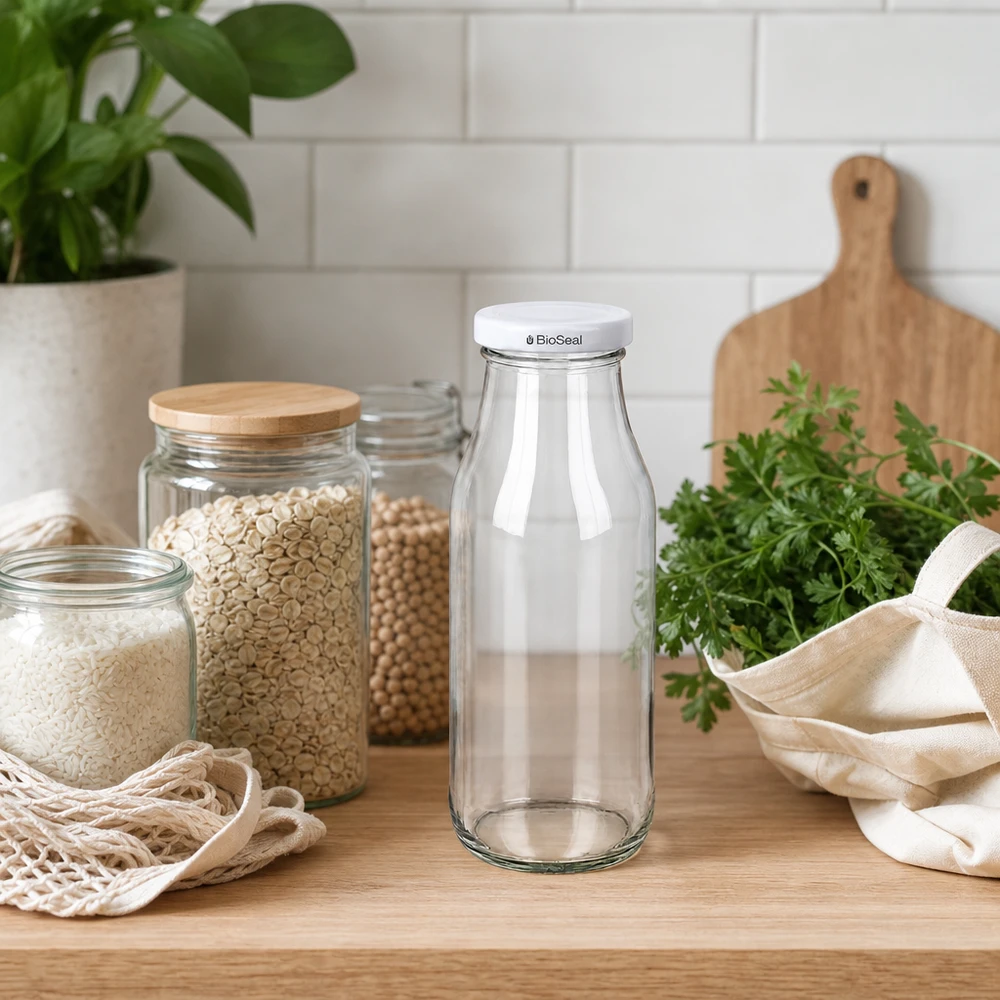 UNiTWIST Bottle263 Glasflasche leer auf Holzarbeitsplatte zwischen Hülsenfrüchten in Vorratsgläsern und frischen Kräuter