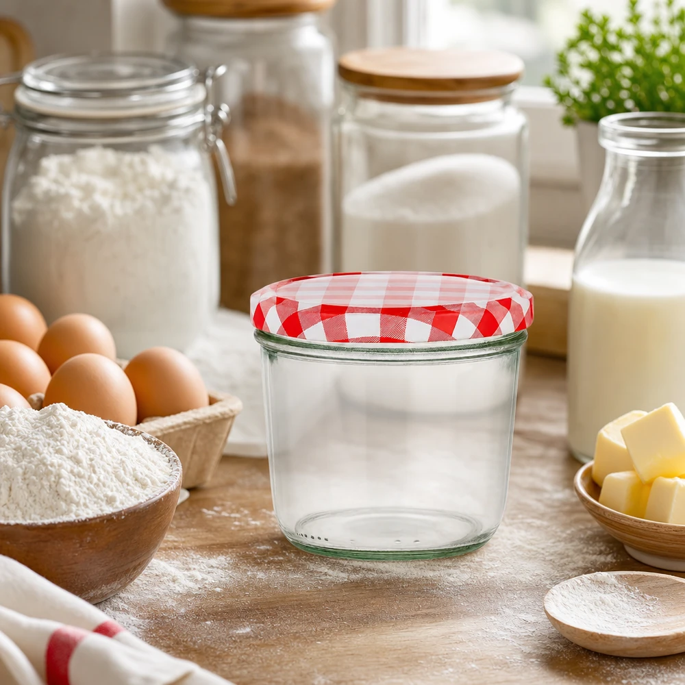 230ml kelímky + víčko BasicSeal červené/bílé UNiTWIST. Leeres 230ml Sturzglas mit rot-weiß kariertem BasicSeal Deckel in Backküche zwischen Mehl Eiern und Milchprodukten