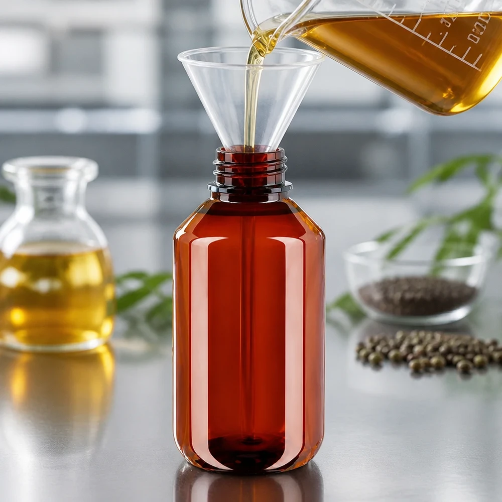 Jantarově zbarvená PET láhev o objemu 100 ml se plní žlutým olejem pomocí nálevky
