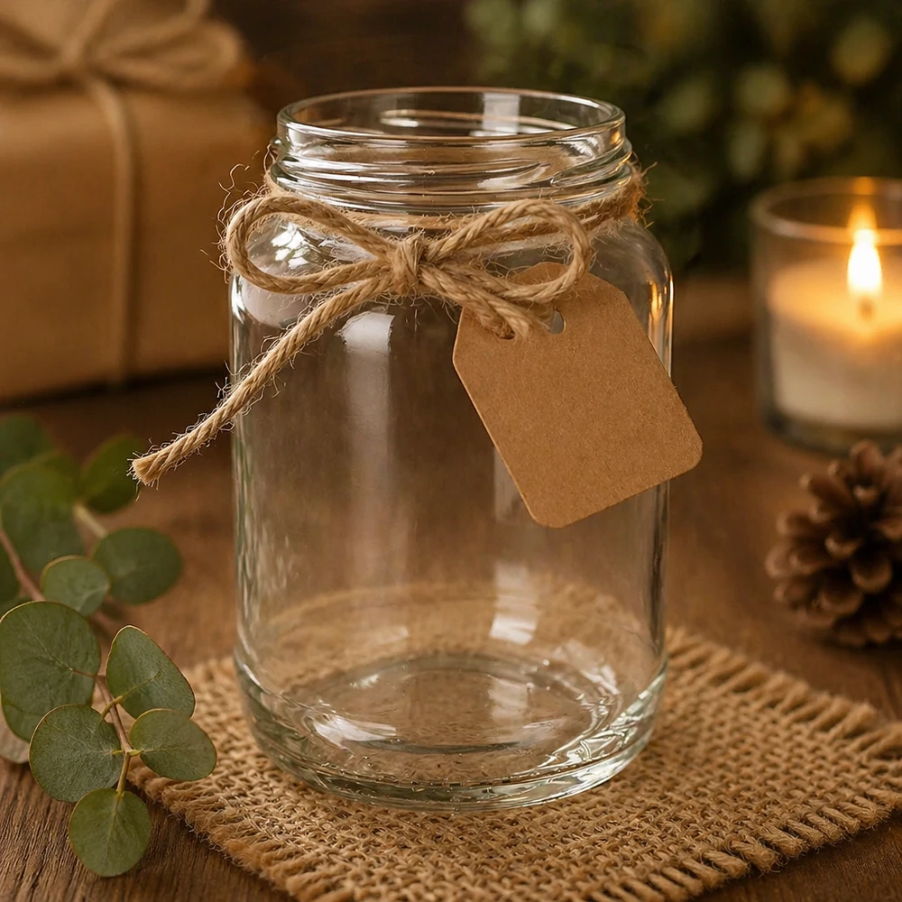 Kulatá nádoba o objemu 1700 ml bez víčka (TO100) UNiTWIST UNiTWIST Runda1700 Sturzglas 1700ml TO100 dekorativ mit Juteschnur Geschenkanhänger rustikal Dekoration