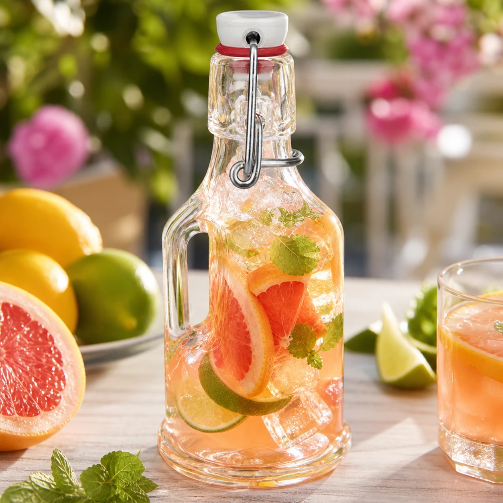 Glasflasche Bertha 200ml mit Grapefruit-Limetten-Wasser gefüllt Gartenambiente Sommergetränk UNiTW Bügelverschluss