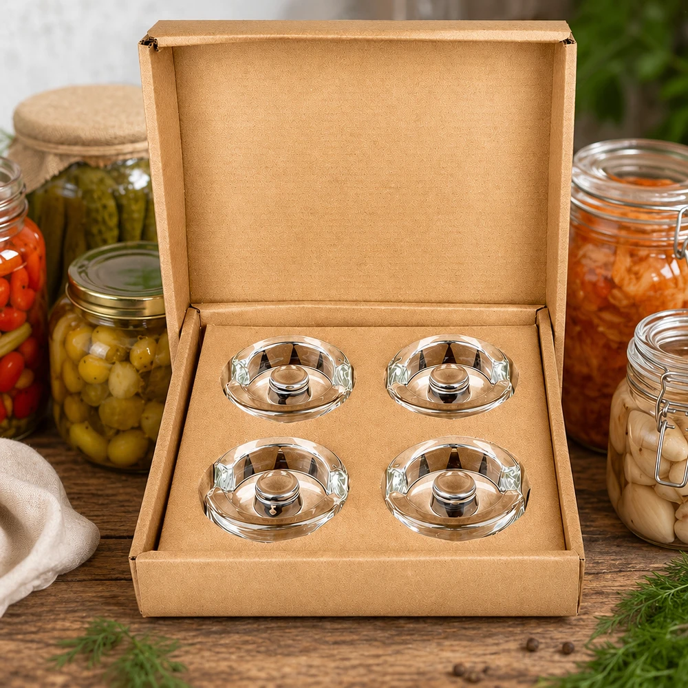 Zátěže na fermentační sklenice s rukojetí, sada 4 kusů UNiTWIST Vier UNiTWIST Fermentier-Glasgewichte mit Griff in Geschenkbox neben eingelegtem Gemüse und Einmachgläsern