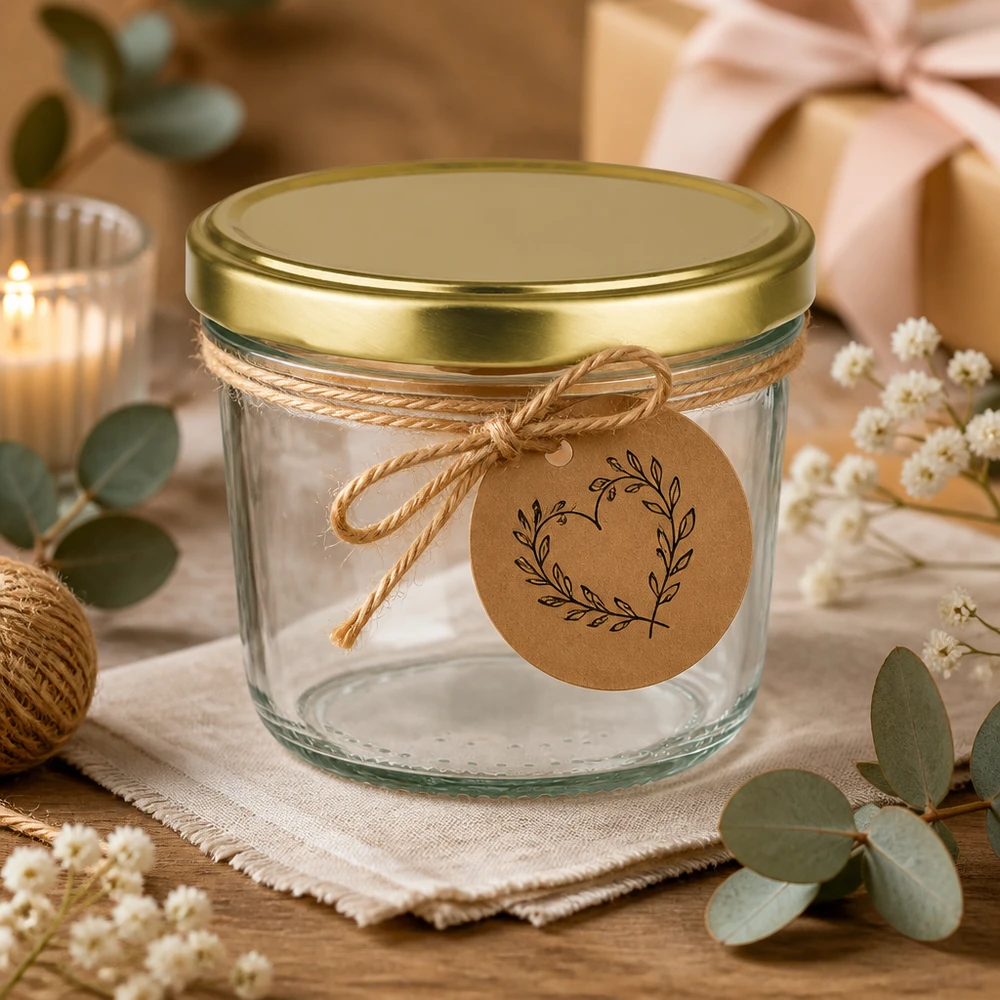 230ml Sturzglas BasicSeal gold UNiTWIST dekorativ arrangiert mit Geschenkband und Kraftpapier-Anhänger
