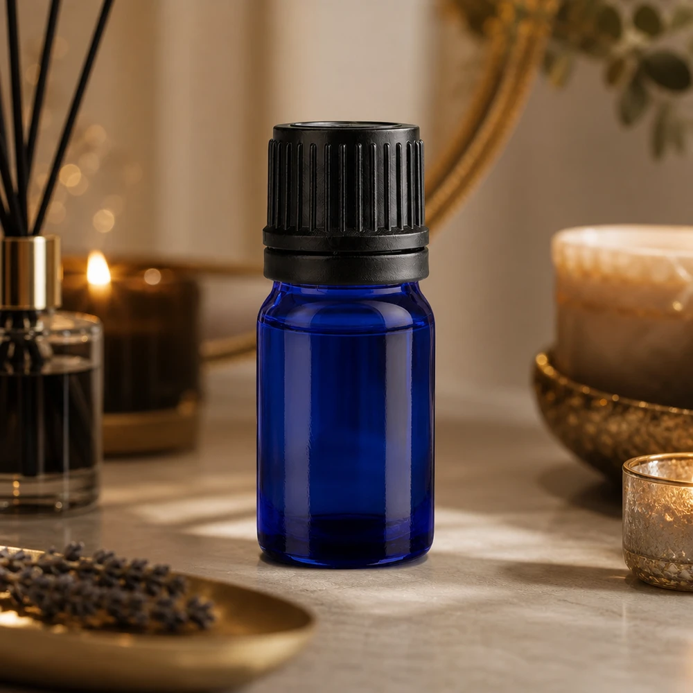 Lahvička 5ml 11mm šroubovací uzávěr černý BlueLine UT18/5 s ochranným uzávěrem proti manipulaci 5ml Aromaflasche aus hochwertigem Glas mit auslaufsicherem schwarzem Verschluss