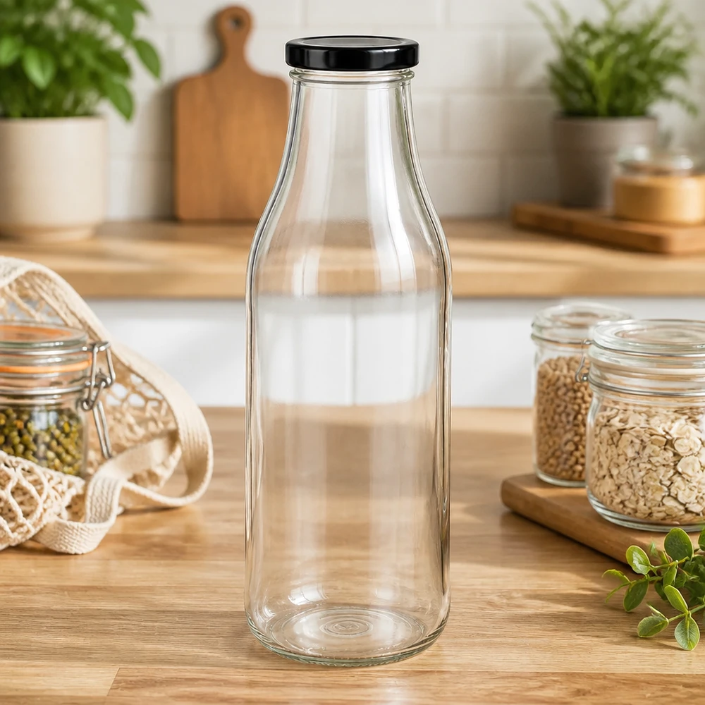 1000ml Glasflasche mit schwarzem Deckel in Zero-Waste Küche zwischen Vorratsgläsern und nachhaltigen Utensilien