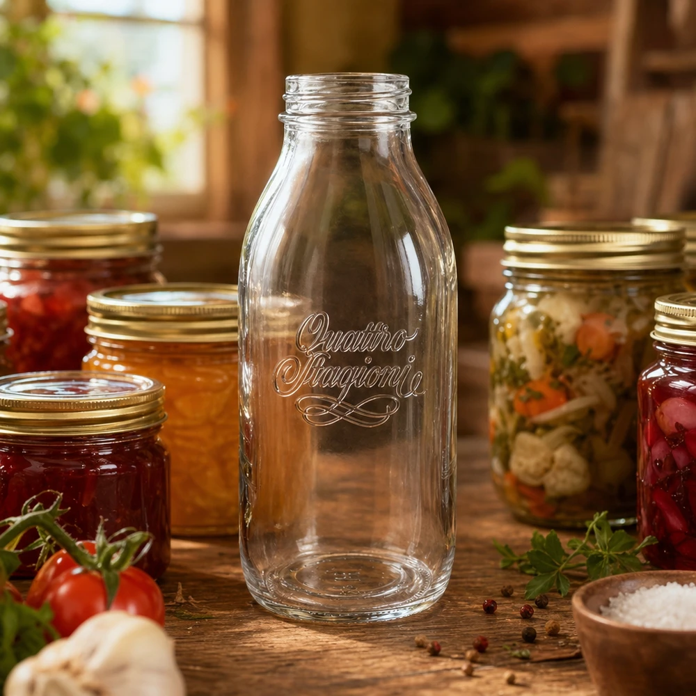 1000ml skleněná láhev "Quattro Stagioni" QS56mm 1000ml Weithalsflasche Quattro Stagioni aus Glas zum Einkochen und Konservieren von Lebensmitteln auf Holztisch