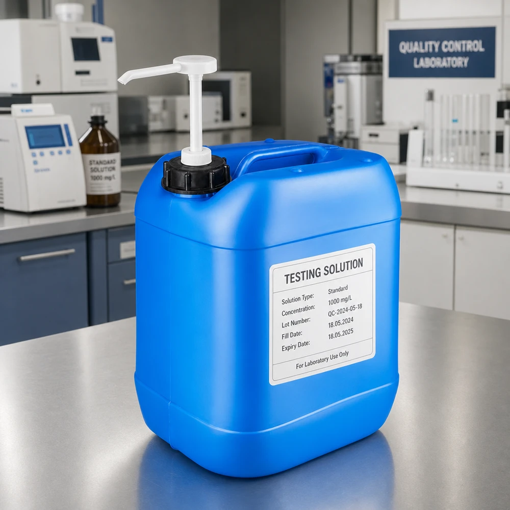 Kanystr 20 litrů modrý s dávkovacím čerpadlem Großformatiger blauer Kunststoffbehälter 20 Liter mit weißer Pumpe für Flüssigkeiten in der Analytik