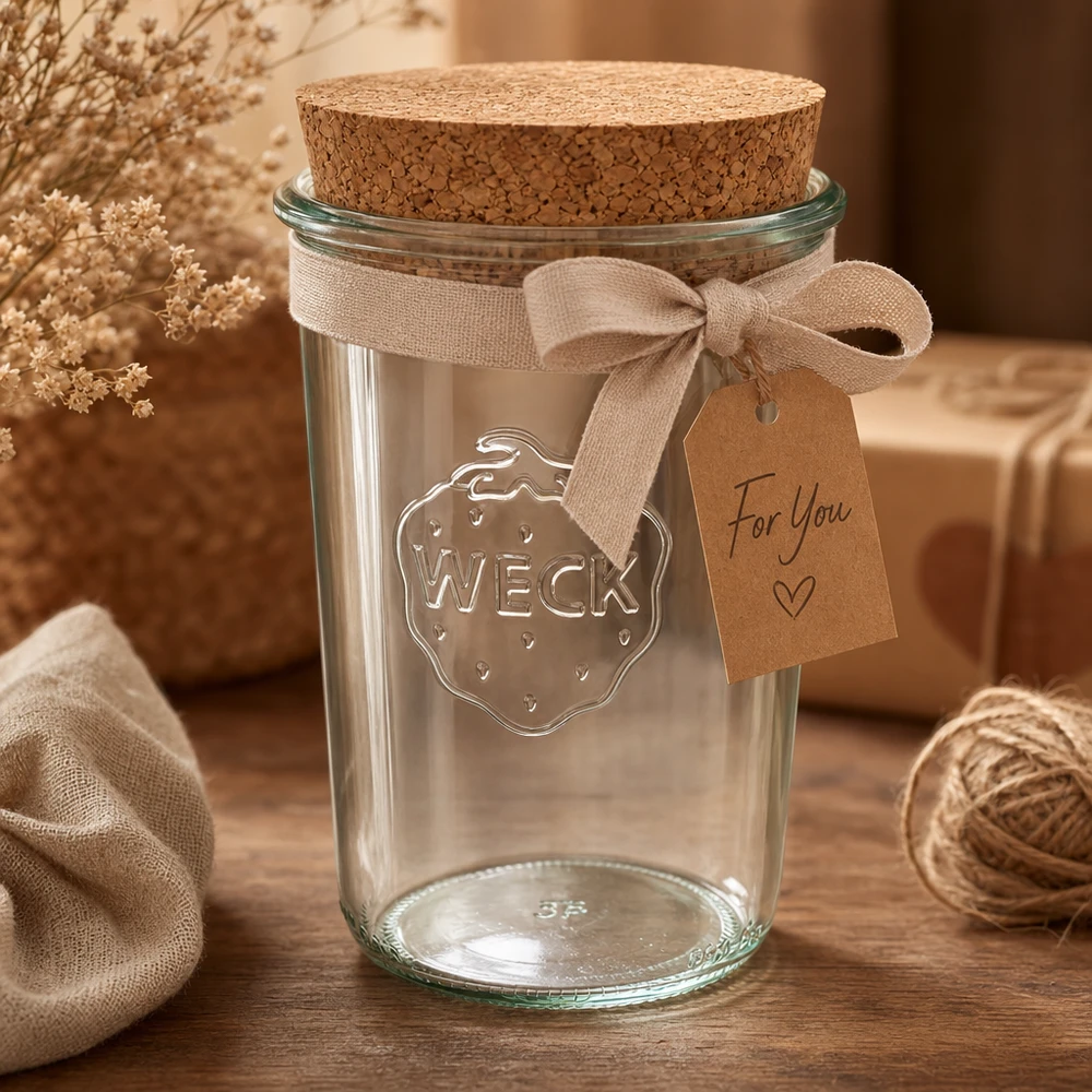850ml zavařovací sklenice WECK RR100 s korkem natural WECK Sturzglas 850ml RR100 dekorativ arrangiert mit Korkdeckel Schleifenband und Geschenkanhänger als Geschenkidee