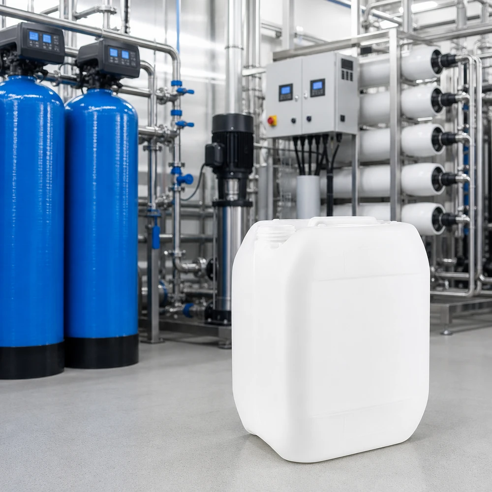 Kanystr 10 litrů bez víčka Transluzenter 10 Liter Kunststoffkanister ohne Verschluss neben blauen Filtertanks