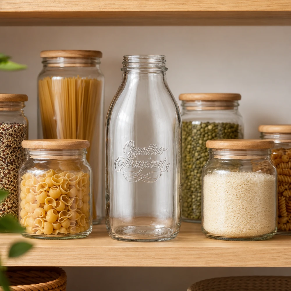 1000ml Weithalsflasche Quattro Stagioni aus Glas mit Holzdeckel zwischen Vorratsgläsern mit Pasta und Reis im Regal