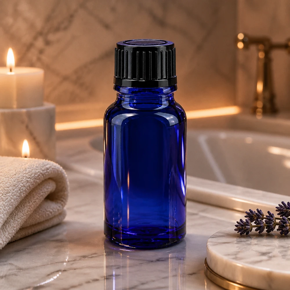 Lékárenská láhev modrá 10ml kapátko uzávěr 1mm černý standardní Kompakte Tropfflasche aus blauem Apothekerglas 10ml mit enghalsigem Dosiersystem