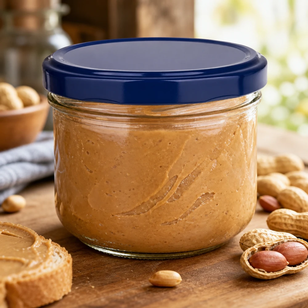260ml Sturzglas mit BasicSeal Deckel blau befüllt mit Erdnussbutter umgeben von Erdnüssen auf Holztisch