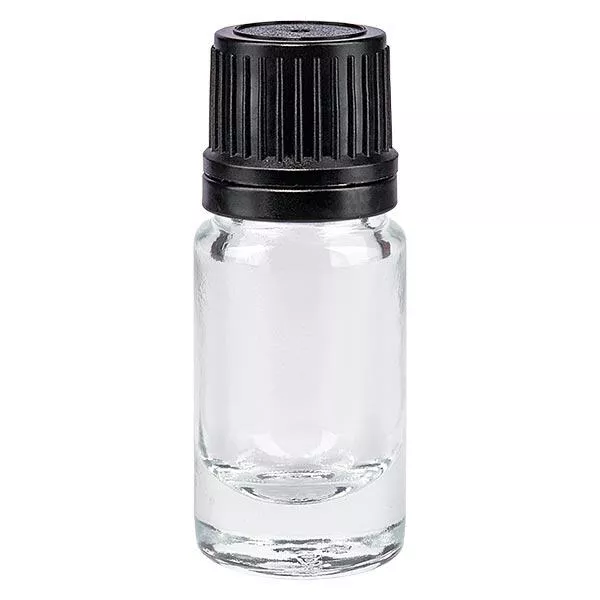Lékárenská lahvička čirá 5ml šroubovací uzávěr černý nalévací kroužek nedotknutelný uzávěr Lékárenská lahvička čirá 5ml šroubovací uzávěr černý nalévací kroužek nedotknutelný uzávěr