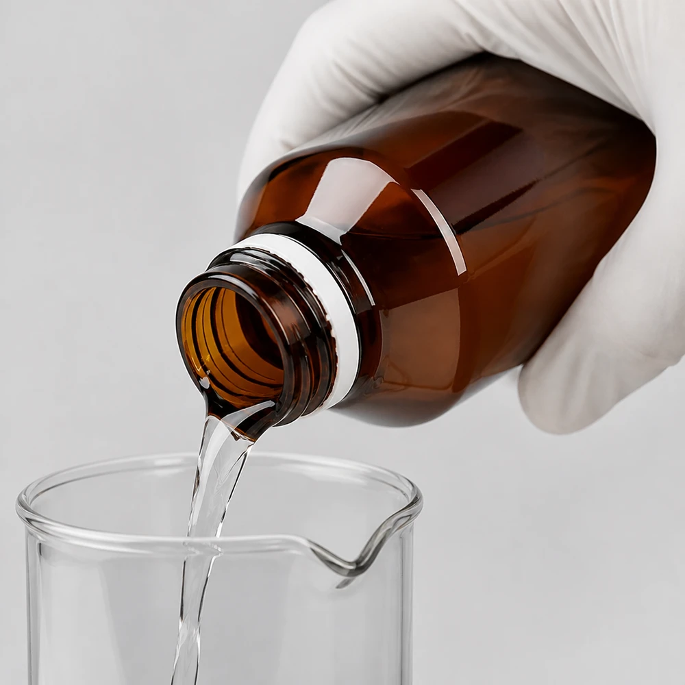 Laborant nalévá čirou kapalinu z hnědé PET láhve o objemu 50 ml do kádinky, přičemž má nasazené ochranné rukavice