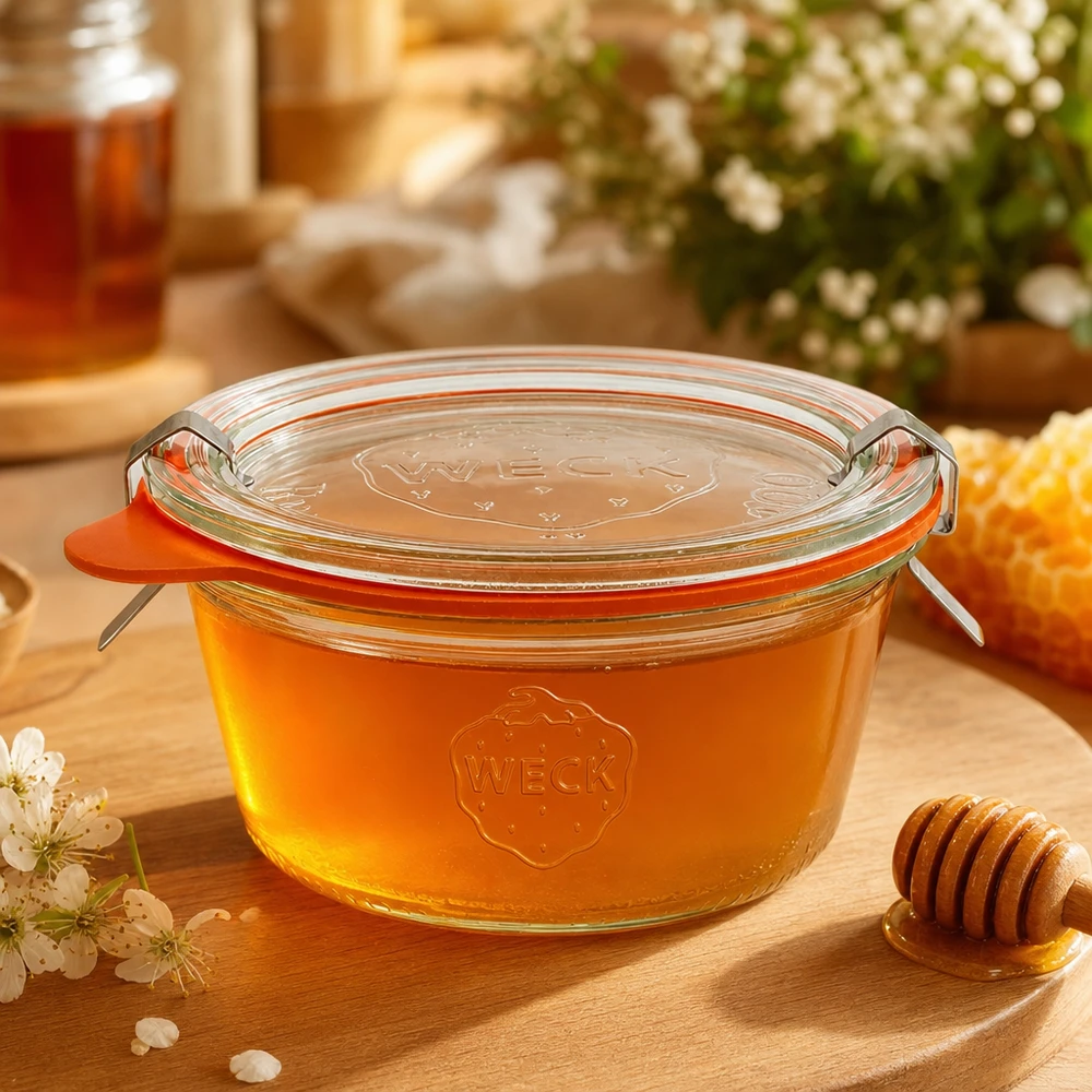 WECK Sturzglas 290ml RR100 mit goldenem Honig gefüllt neben Honiglöffel und Waben als natürliche Aufbewahrung