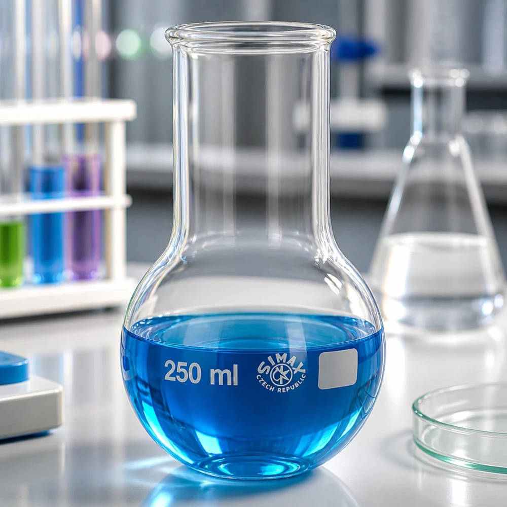 Baňka s kulatým dnem 250ml se širokým hrdlem Hitzebeständiger Rundkolben 250ml mit graduierter Skala für exakte Messungen im Labor