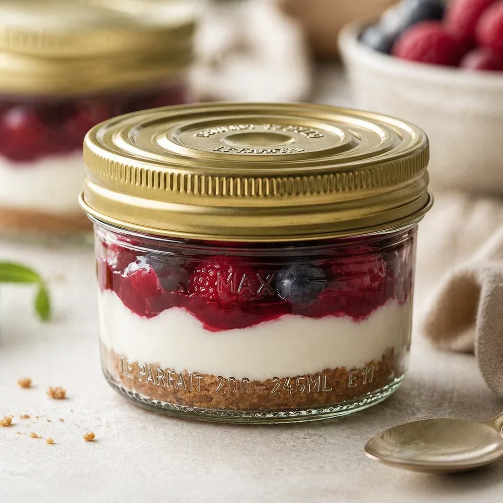 245ml Sturzglas Familia Wiss mit goldenem Deckel gefüllt mit Dessert aus Beeren und Creme auf Holztisch