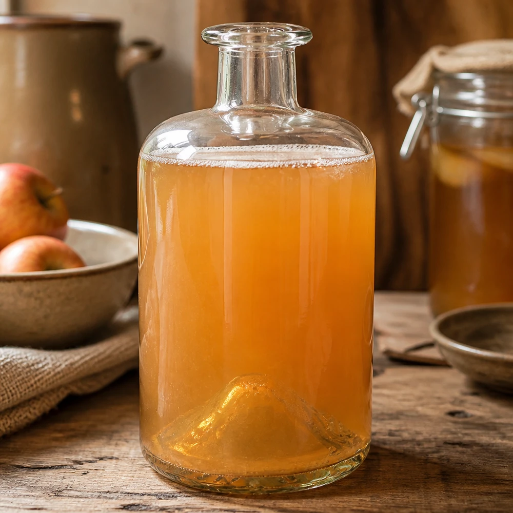 500ml Apothekerflasche Sofia mit Kombucha befüllt fermentiertes Getränk Küche rustikaler Holztisch Glasflasche UNiTWIST