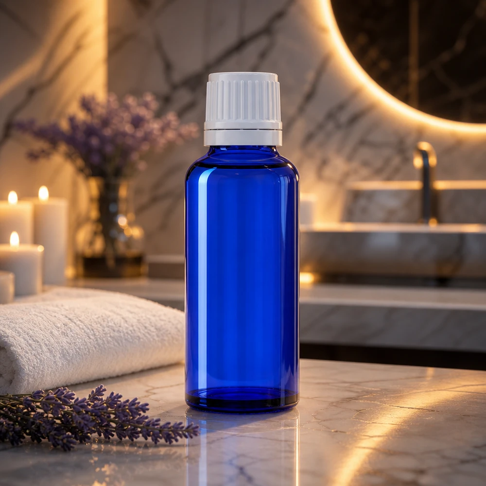 Lékárenská lahvička modrá 30ml kapací uzávěr 1,2mm bílý uzávěr chráněný proti manipulaci. Blaue Apothekerflasche 30ml mit Originalverschluss und Tropfeinsatz für Kosmetik und Naturheilkunde