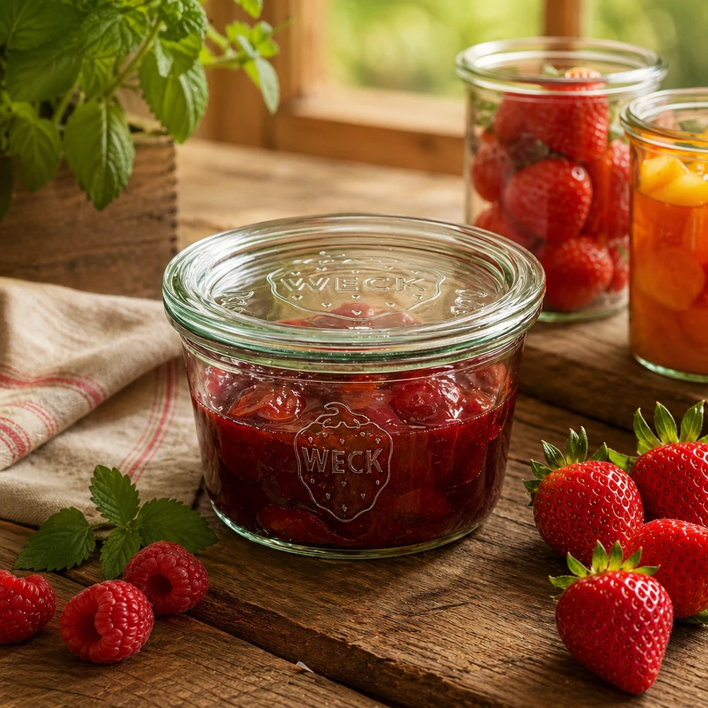 290ml nízká zavařovací sklenice WECK RR100 se skleněným víčkem - dřevěné víčko. WECK Einmachglas 290ml mit Erdbeermarmelade gefüllt auf Holztisch mit frischen Beeren und Küchenambiente