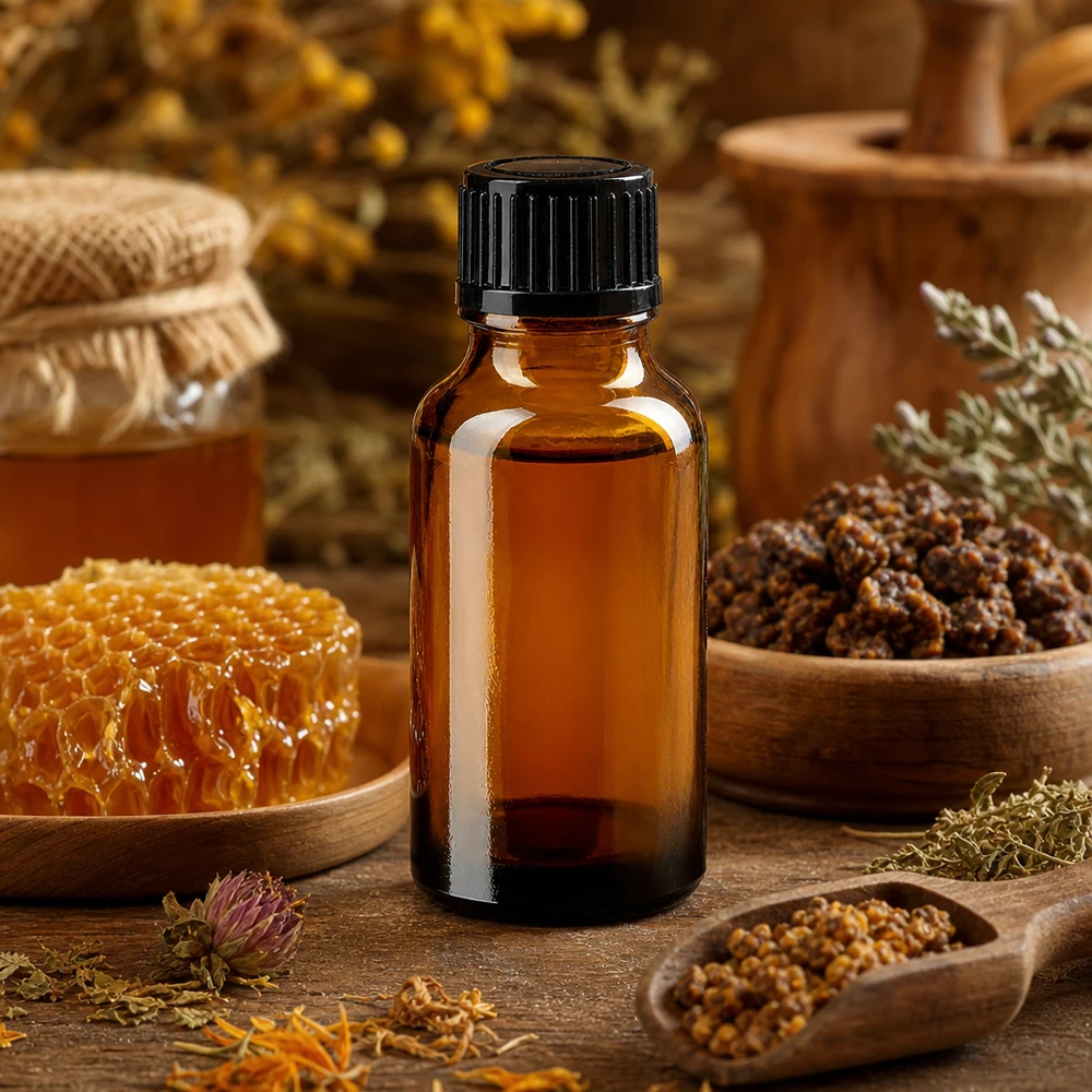Dunkle 20ml Apothekerflasche Glas lichtgeschützt mit Kräutern Pollen und Honigwaben auf Holz