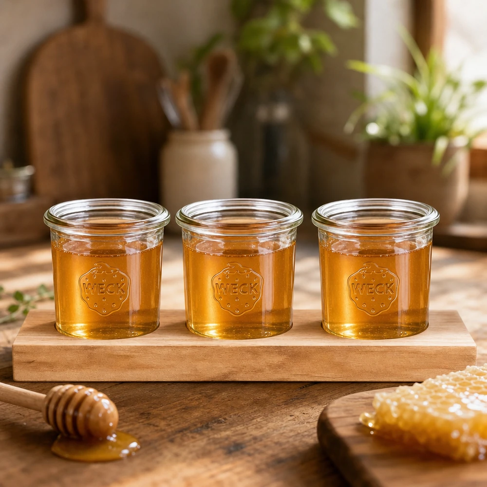 Servírovací prkénko Plano3 se 3 tumblery Weck 140ml Honig in WECK Sturzgläsern 140ml auf Holz-Servierbrett mit Honiglöffel und Waben natürlich präsentiert