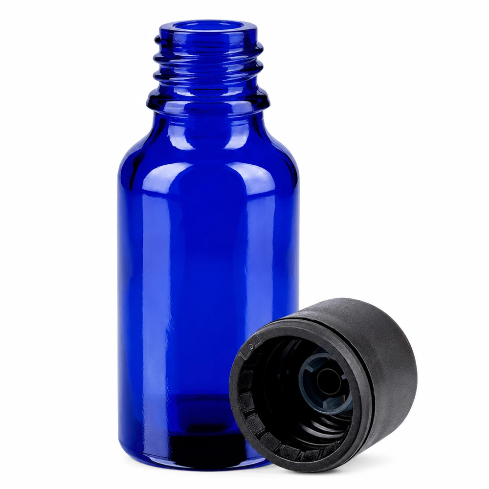 20ml láhev 6mm šroubovací uzávěr černá Standard BlueLine UT18/20 Handliche blaue 20ml Flasche mit 6mm Verschluss STD für sichere Aufbewahrung von Flüssigkeiten