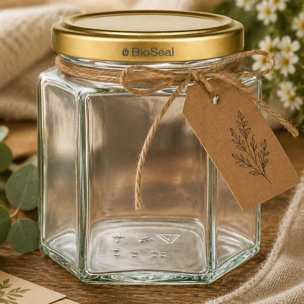 Leeres 520g BioSeal Honigglas hexagonal mit Golddeckel und rustikaler Kraftpapier-Banderole als Geschenkverpackung