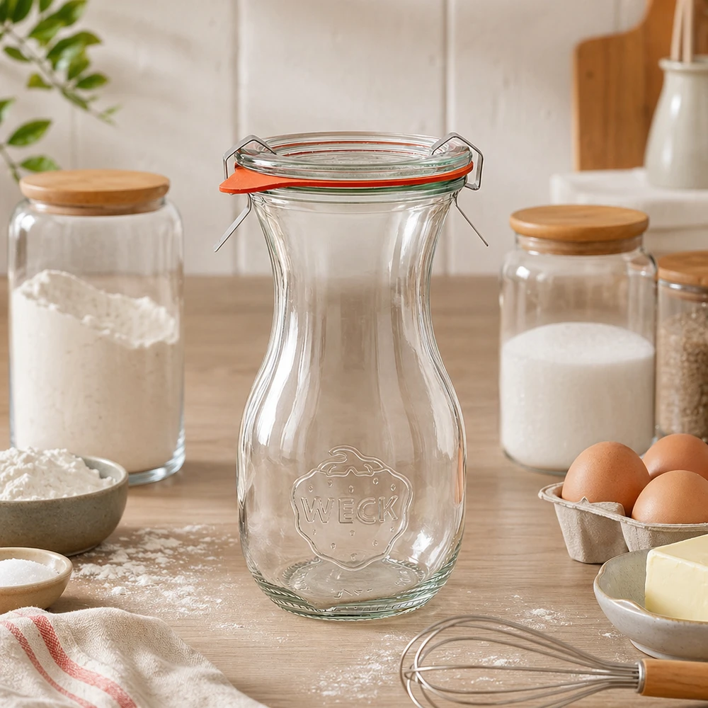 290ml láhev na džus kompletní WECK RR60 WECK Saftflasche 290ml RR60 leer in moderner Küche zwischen Backzutaten und Vorratsgläsern auf Arbeitsplatte