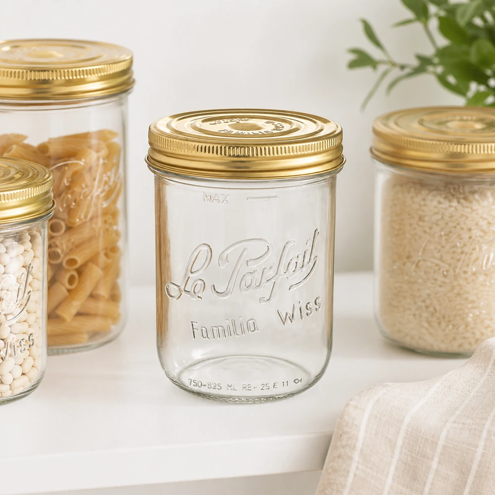 1020ml Sturzglas "Familia Wiss" 2-teiliges Deckelsystem Le P Sturzglas Familia Wiss 1020ml mit goldenem Deckel für Einmachen und Vorratshaltung in der Küche