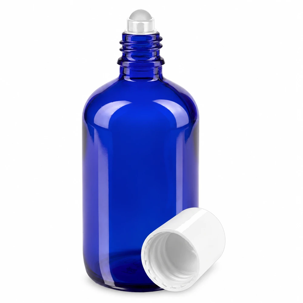 UV-Schutz Roll-On Flasche blau 100ml Glas mit weißer Kappe für ätherische Öle