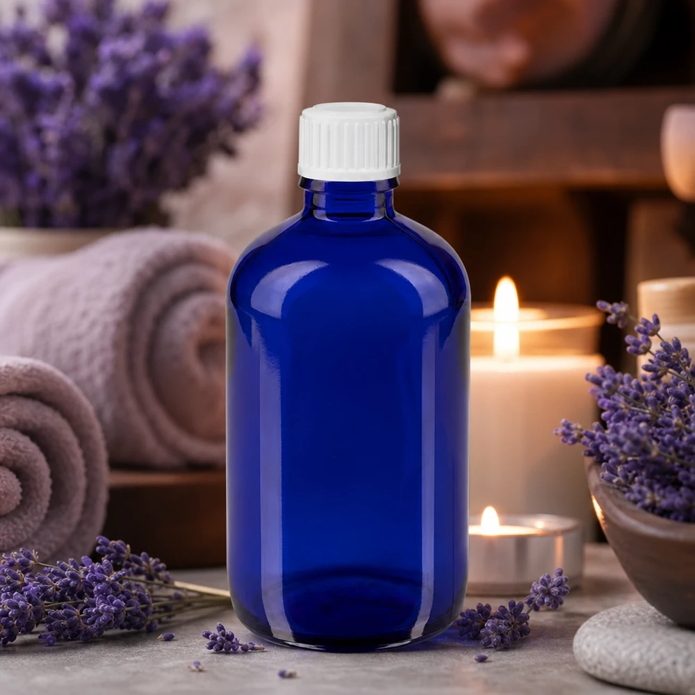 Lékárenská láhev modrá 100ml kapátko bílé 0,8mm standardní uzávěr Apothekerglasflasche 100ml blau mit 0.9mm Tropföffnung für präzise Dosierung von Ölen