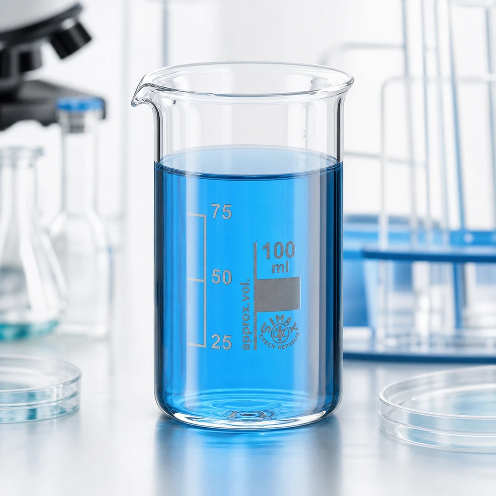Kádinka z borosilikátového skla o objemu 100 ml, vysoký tvar Präzisionsbecherglas 100ml hohe zylindrische Form mit aufgedruckter Milliliterskala